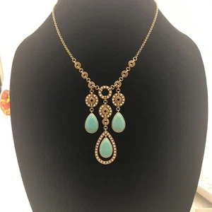 Monet Faux Turquoise and pearls. 11 Inch Teardrop Pendant Necklace - Picture 1 of 7
