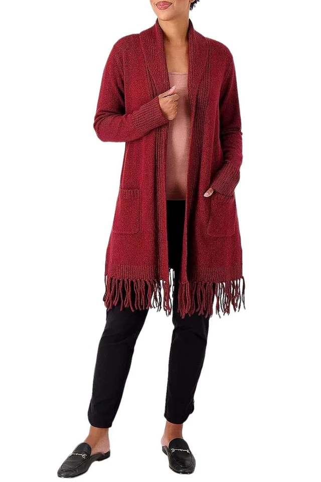 Isaac Mizrahi Live! Fringe Hem Longline Sweater Cardigan Deep Merlot - Image 1 of 1