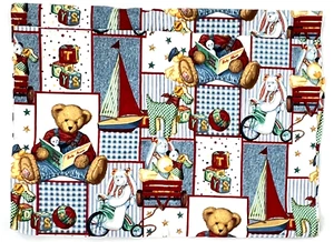 1.4 Yards Blue Red White Cotton Fabric Baby Blocks Teddy Bears Boats 36" wide - Picture 1 of 2
