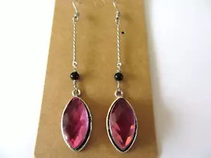 NEW FIRE PINK TOPAZ CRYSTAL w/BLACK ONYX & STEM STERLING SILVER PIERCED EARRINGS - Picture 1 of 5