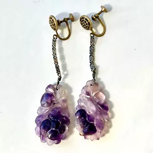 ANTIQUE CHINESE CARVED AMETHYST LONG DANGLE SCREWBACK EARRINGS - Picture 1 of 8