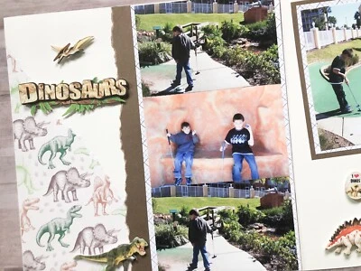 Páginas de álbum de recortes de dinosaurios, diseño de álbum de recortes de 12 por 12 Dino, páginas de dinosaurios prefabricadas Foto 1 de 4