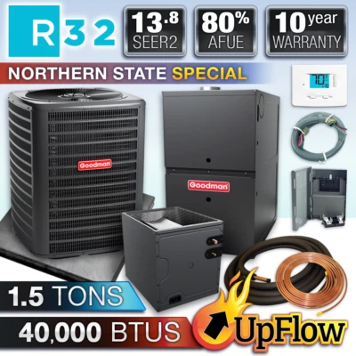 Goodman 1.5 Ton R32 Air Conditioner & 40K BTU 80% Gas Furnace System - Upflow - Image 1 of 4