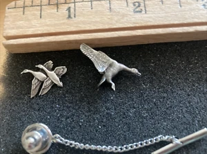 TWO Sid Bell Original Tie Tacks or Lapel Pins Ducks Flying Sterling Silver - Picture 1 of 8