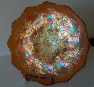 VINTAGE FENTON CARNIVAL GLASS MARIGOLD STAG & HOLLY FOOTED ICS BOWL EXCEPTIONAL! - Picture 1 of 3