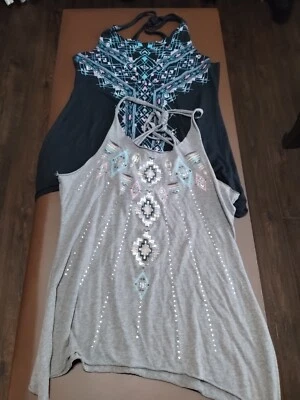 Ransom Racerback Aztec raw hem Shark Bite Slide Slipkknot  2 Pair Tank Tops W ML - Image 1 of 4