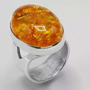 925 Solid Sterling Silver Natural Cognac Baltic Amber Adjustable Ring Size 7 - Picture 1 of 3