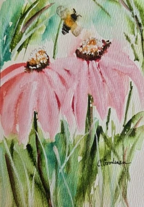 Original Signed Watercolor Painting. Floral. Pink. Coneflowers. Wildflowers - Picture 1 of 2