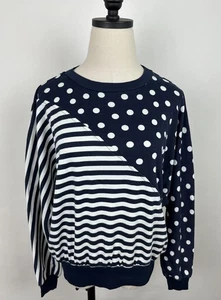 Vintage 80s Sweatshirt Womens Large Polka Dot Stripe Mixed Print Dolman Sleeve - Picture 1 of 14