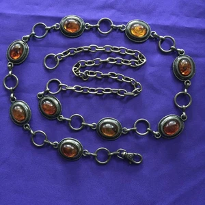 Vintage Brass Tone Metal Chain Link Belt with Faux Amber Cabochons 57” - Picture 1 of 6