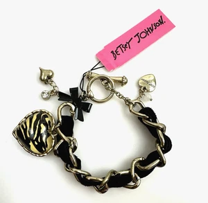 NWT Betsey Johnson Antique Gold-Tone Black Ribbon Glass Crystal Heart Bracelet - Picture 1 of 6