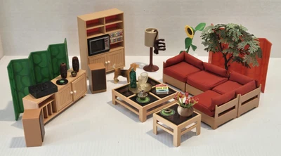 Vtg Tomy Smaller Homes Dollhouse Living Room Furniture 70's Couch Tables Stereo - Image 1 of 4