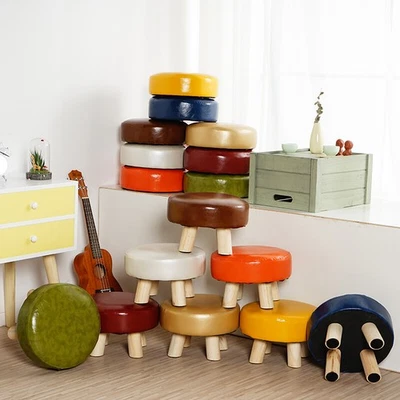 PU Leather Footstools Wood Living Room Bedroom Round Small Poufs New Modern % - Image 1 of 4