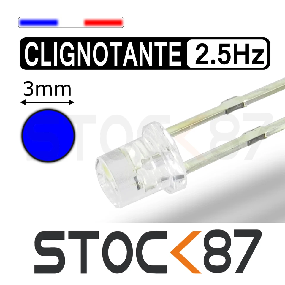 SK87 236CB# 10 à 100pcs LED bleu cylindrique 3mm clignotante rapide 2,5Hz