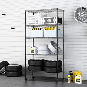 Wire Shelving Unit Metal Shelf with 5 Tier Casters Adjustable Layer Rack Strong - Picture 1 of 7