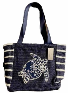 Vera Bradley Steel Blue Medallion Straw Tote 19 W 13 H 7 D NWT $115 - Picture 1 of 4