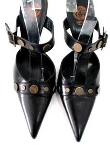 Versace 8 Cuero Negro Puntera puntiaguda Mula Tacones de Bronce Correa en T Ajustable Tacón de 3 - Imagen 1 de 9