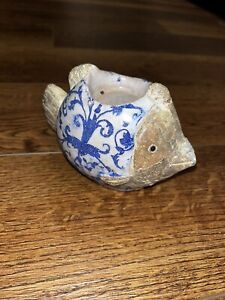 Candle Holder Fish Blue White Crazed Candle Tea light Burner Decor Art Pottery