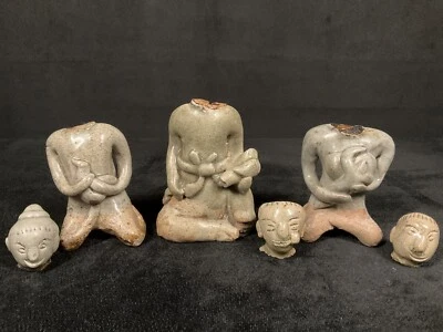 Lote de 3 figuras antiguas de gres esmaltado Sukhothai Celadon asiático tailandés del siglo XV Foto 1 de 4