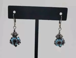Sterling Silver 925 Lampworks Glass Tiffany Blue & Brown Earrings - Picture 1 of 8