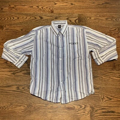 Camisa FUBU Niños Abotonada Cuello LS Grande (12-14) Azul Blanco Rayas, Y2K Foto 1 de 4