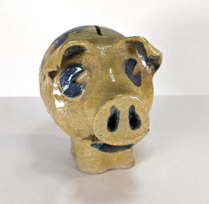 Vintage Piggy Bank Thermos Brand Cork Pottery Pig Folk Art Blue and Yellow 5"x6" - Picture 1 of 9