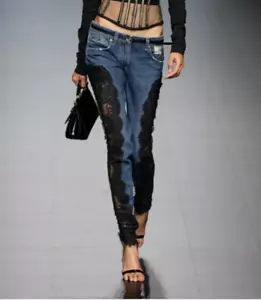 Dolce & Gabbana KIM 36 IT 2023 Black Lace Blue Stretch Denim Skinny Jeans - Picture 1 of 12