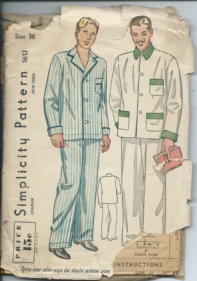 S 1617 sewing pattern 30's manly man PAJAMAS comfy Top long Pants chest size 36" - Image 1 of 1