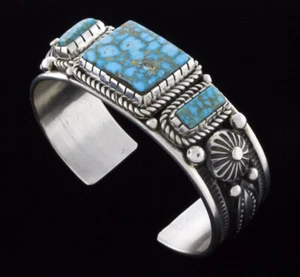 Natural Birdseye Kingman Turquoise 3-Stone Bracelet By Navajo Artist Albert Jake - Bild 1 von 6
