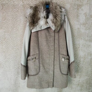 River Island Womens Coat Faux Fur Collar Size UK 12 Beige Cream Zip Closure Midi - Picture 1 of 18