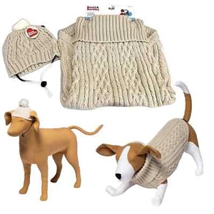 Puppy Dog PET SWEATER & HAT OUTFIT Set LG Cream Knit Boots Barkley to 80lb - Picture 1 of 11