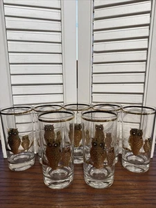 Juego de 7 vasos vintage Culver MCM Highball dorados 22K oro búhos - Imagen 1 de 15