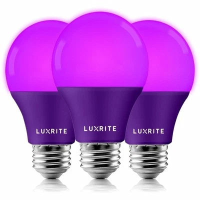 Luxrite A19 LED Purple Light Bulb 8W=60W UL Listed E26 Party Bulbs 3-Pack