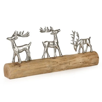 Weihnachtsdeko Rentiere auf Holzstamm 57 cm – Aluminium und Mangoholz Figur - Bild 1 von 4