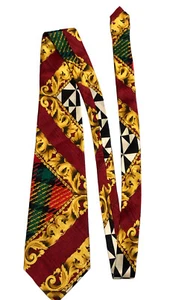 Vintage 90s Altea Baroque Silk Tie made in Italy Plaid gold red - Picture 1 of 8