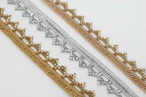 FCL 1 Mtr Metallic Scallop Cutwork Zari Stonework Sari Dupatta Lace Border Trim - Picture 1 of 24