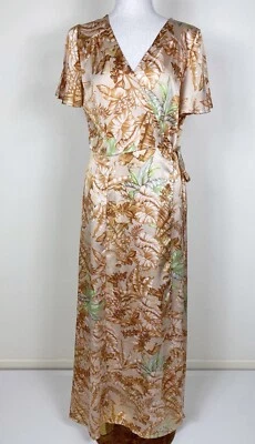 Vestido SUNNY GIRL Talla 12 Melocotón Floral Maxi Envolvente Satinado Manga Corta Cuello en V Cinturón Foto 1 de 4