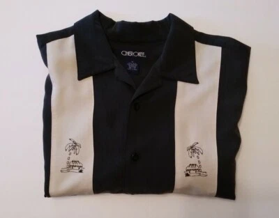 Vintage Cherokee Hawaiian Shirt MED Mens Palm Tree Hut Short Sleeve Gray/Black - Image 1 of 4