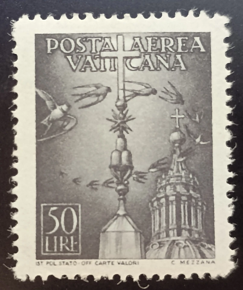 Estampilla del Vaticano 1947 golondrinas volando sobre la iglesia de San Pablo SN: VA C14 MHN Lote 320 Foto 1 de 2