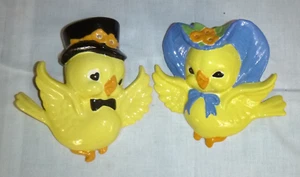 Pr De Colección Años 50 Cerámica Bolsillos de Pared Mr & Mrs Pájaro Amarillo Antropomórfico 6" H - Imagen 1 de 12