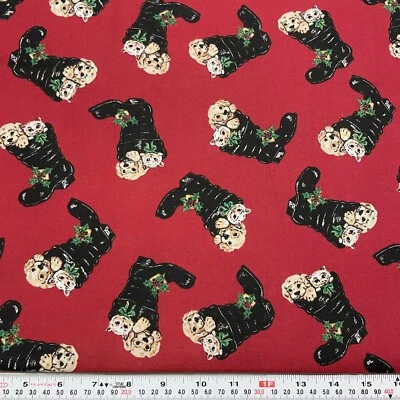 Vintage Cat & Dogs In Santa Boot Burgundy Cotton Fabric Remnant 13" x 45" - Image 1 of 2