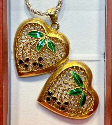 Collar medallón corazón plata esterlina 925 vintage esmalte guilloche ramita de cereza Foto 1 de 4