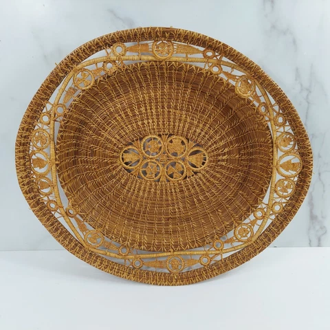 Vintage Fancy Coil Seagrass Woven Bread Basket Wall Hanging 14x12x2" Cover