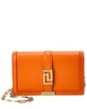Mini billetera de cuero con cadena Versace Greca para mujer naranja hueso