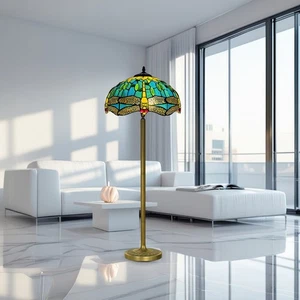 Green Tiffany Style Stained Glass Floor Lamp Bedroom Home Living Bedroom Gift - Picture 1 of 6