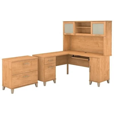 Bush Furniture Somerset 60W L Shaped with Hutch and File Cabinet in Maple Cross - Image 1 of 4