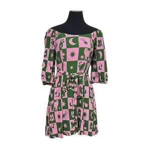 Made590 Dress Size XS 8 / US 4 Mini Tie Waist Off The Shoulder Pink Moon Star - Picture 1 of 8