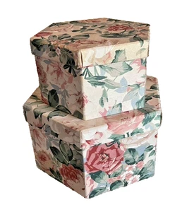 2 Vintage '80s NESTING STORAGE BOXES - Hexagonal Cloth-covered with PINK Roses - Picture 1 of 4