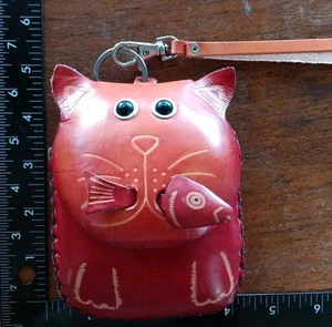 Cat/Fish Coin Purse HandMade Embossed Genuine Leather /Wristlet/Wallet/Pouch EUC - Picture 1 of 8