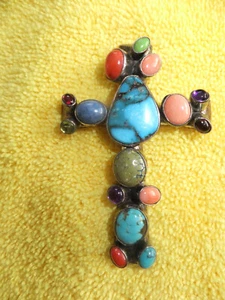 Vintage Mexico Navajo Nakai schweres mehrsteiniges Kreuz Sterlingsilber 48 Gramm - Bild 1 von 12